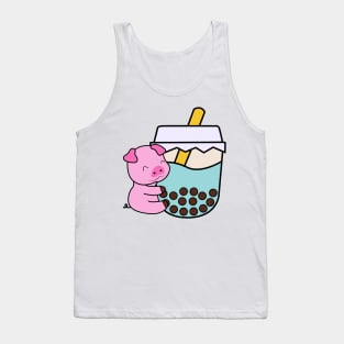 Kawaii Cute Happy Baby Pig Hugs Sweet Bubble Tea Blue Boba Tea Tank Top